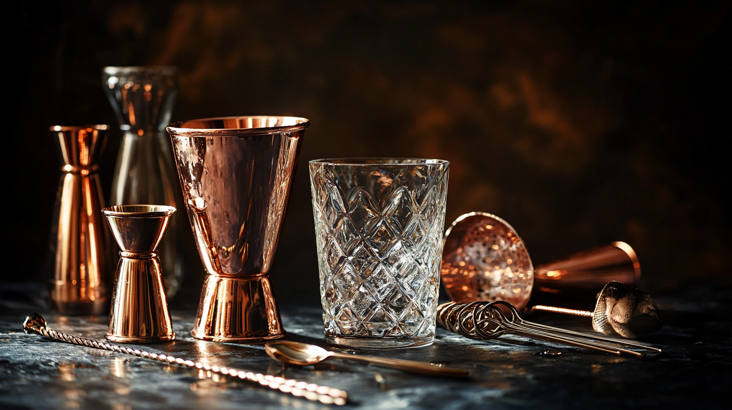 Copper still and glassware behind a liquor-focused bar setup
