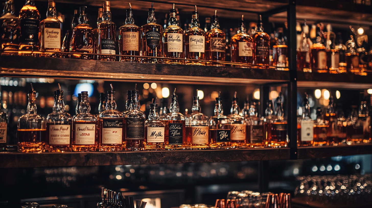 Backbar shelf lined with bottles